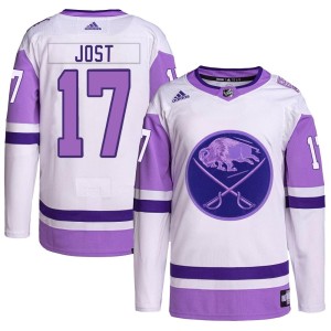 Men's Buffalo Sabres Tyson Jost Adidas Authentic Hockey Fights Cancer Primegreen Jersey - White/Purple