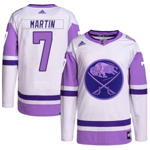 Men's Buffalo Sabres Rick Martin Adidas Authentic Hockey Fights Cancer Primegreen Jersey - White/Purple